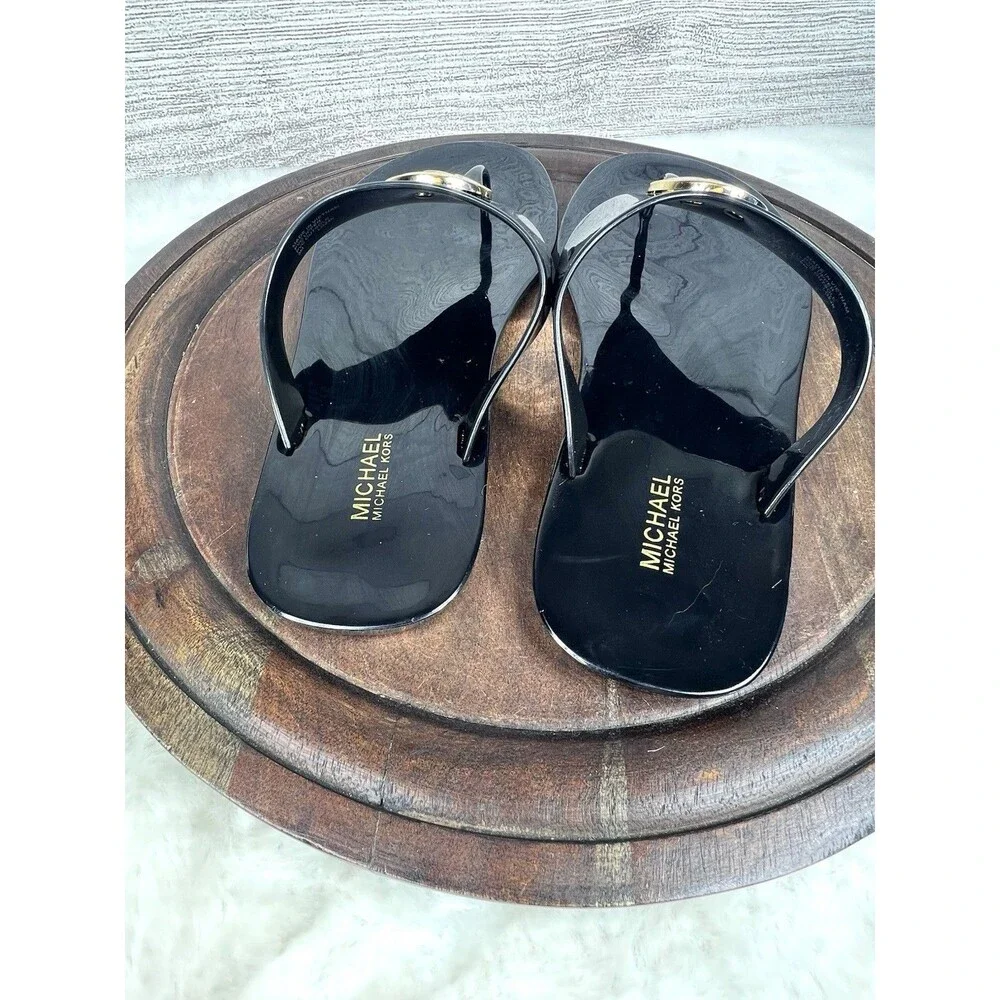 Women MK Michael Kors Lillie Jelly Thong Flat Slide Sandals PVC Black Size 8 M